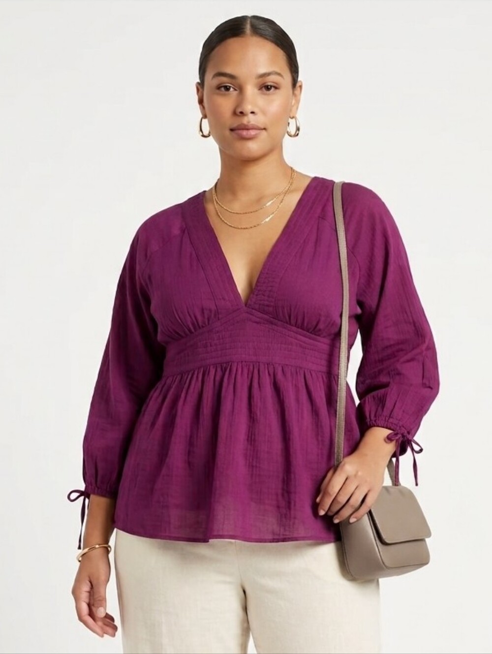 Calvin Klein Deep Plum V-Neck Cotton-Silk Blend Peasant Top